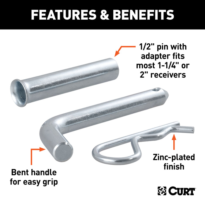 CURT 21502 1/2in. Hitch Pin with 5/8in. Adapter (1-1/4in. or 2in. Receiver; Zinc; Packaged) - Truck Part Superstore