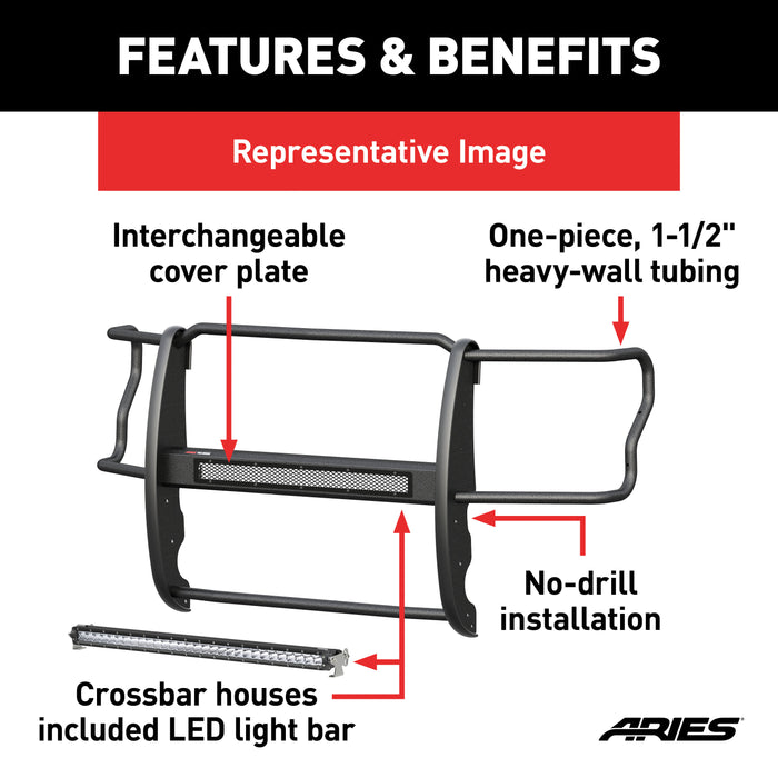 ARIES 2170020 Pro Series Black Steel Grille Guard with Light Bar; Select Silverado 2500; 3500 - Truck Part Superstore