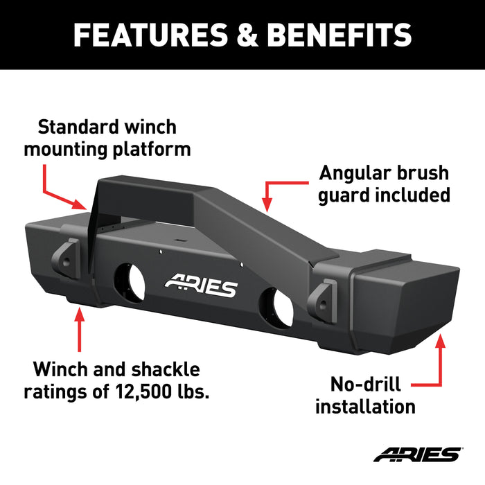 ARIES 2186000 TrailCrusher Jeep Wrangler JK Steel Front Bumper with Brush Guard; 12.5K - Truck Part Superstore