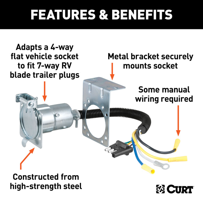 CURT 57185 Electrical Adapter with Bracket (4-Way Flat Vehicle to 7-Way RV Blade Trailer) - Truck Part Superstore