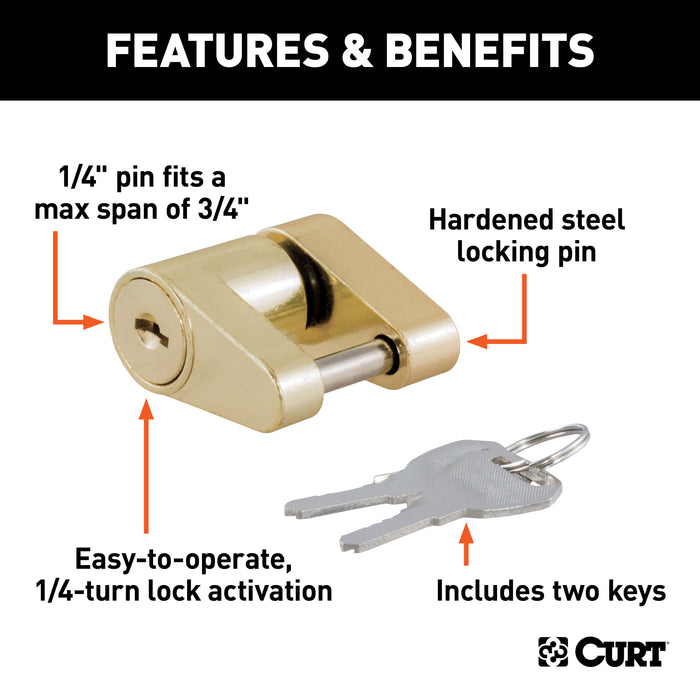 CURT 23022 Coupler Lock (1/4in. Pin; 3/4in. Latch Span; Padlock; Brass-Plated) - Truck Part Superstore