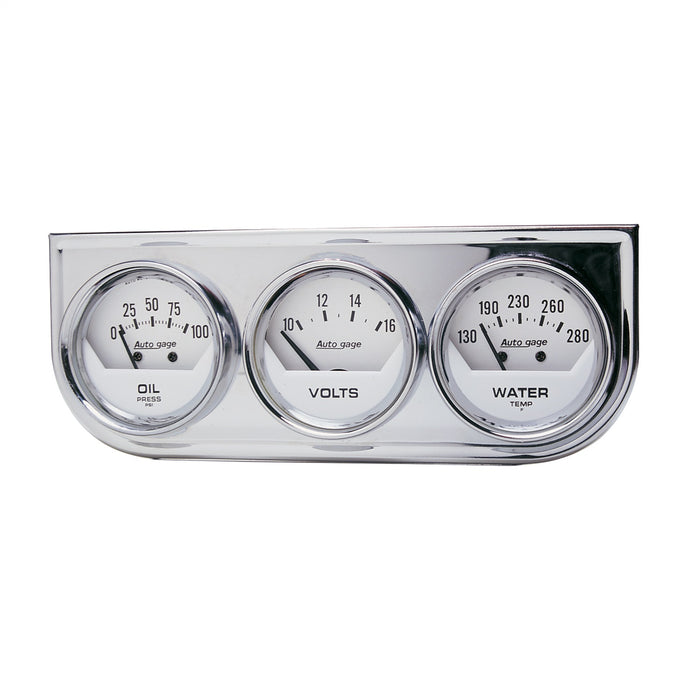 AutoMeter 2325 GAUGE CONSOLE; OILP/WTMP/VOLT; 2in.; 100PSI/280deg.F/16V; WHT DIAL; CHROME BZL; - Truck Part Superstore