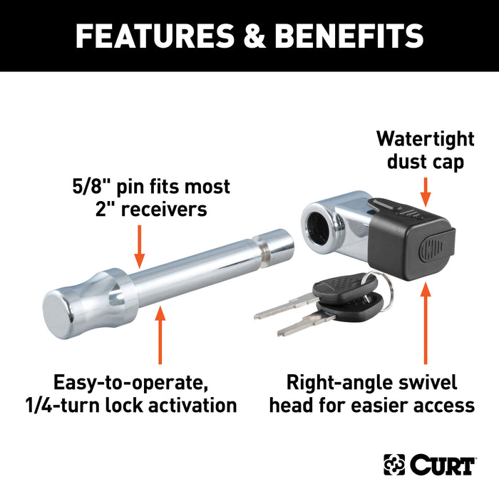 CURT 23510 5/8in. Hitch Lock (2in. Receiver; Right-Angle; Chrome) - Truck Part Superstore