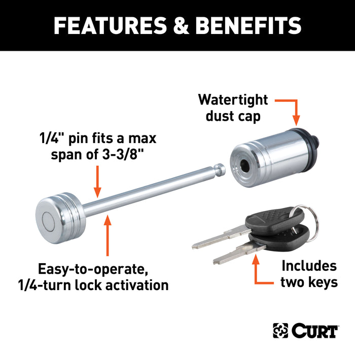CURT 23523 Coupler Lock (1/4in. Pin; 3-3/8in. Latch Span; Barbell; Chrome) - Truck Part Superstore