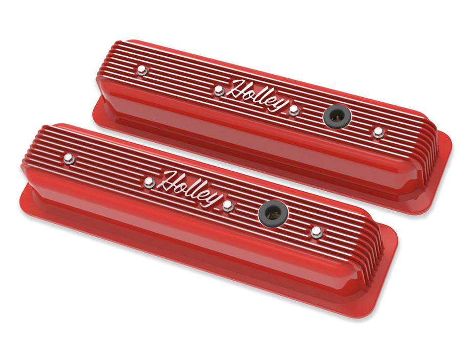 Holley 241-250 Valve Covers; Center-Bolt Finned; w/o Emissions Port; Gloss Red Finish; - Truck Part Superstore