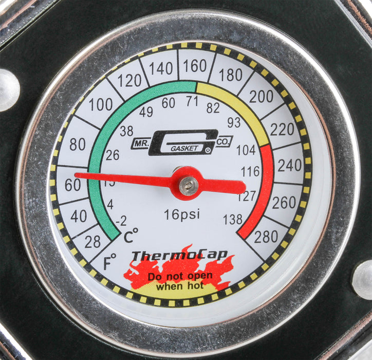 Mr Gasket 2476BK Thermocap™ Radiator Cap; OEM Replacement w/Thermometer Built In; 16 psi; Black; - Truck Part Superstore