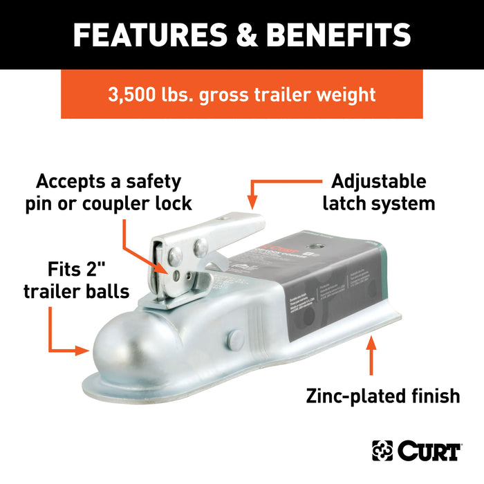 CURT 25138 2in. Straight-Tongue Coupler with Posi-Lock (3in. Channel; 3;500 lbs; Zinc) - Truck Part Superstore
