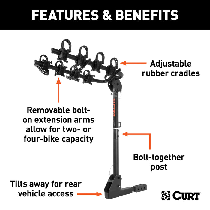 CURT 18030 Extendable Hitch-Mounted Bike Rack (2 or 4 Bikes; 1-1/4in. or 2in. Shank) - Truck Part Superstore