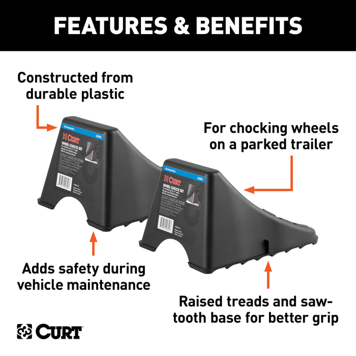 CURT 22800 CURT 22800 Black Plastic Wheel Chocks; Vehicle; Trailer; Truck; RV; 2-Pack - Truck Part Superstore