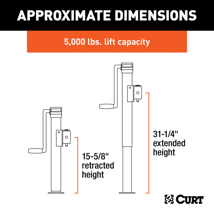 CURT 28358 Pipe-Mount Swivel Jack with Side Handle (5;000 lbs; 15in. Travel) - Truck Part Superstore