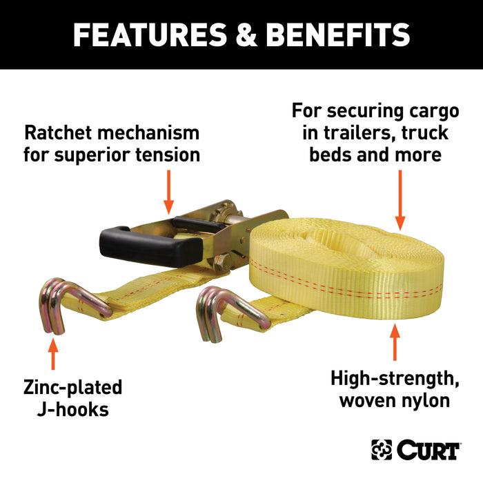 CURT 83047 27ft. Yellow Cargo Strap with J-Hooks (3;333 lbs.) - Truck Part Superstore