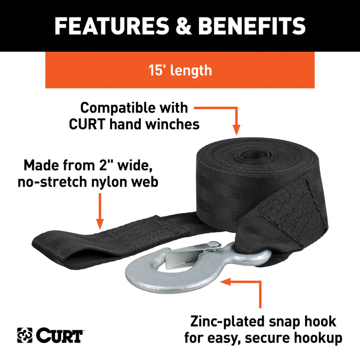CURT 29450 CURT 29450 2-Inch x 15-Foot Nylon Winch Strap with Hook; 3;300 lbs - Truck Part Superstore