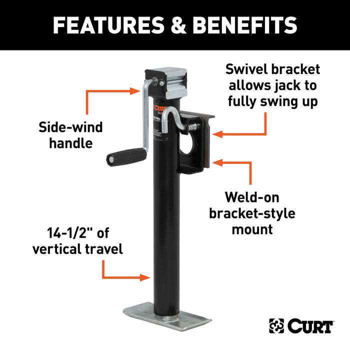 CURT 28306 Bracket-Mount Swivel Jack with Side Handle (2;000 lbs; 15in. Travel) - Truck Part Superstore