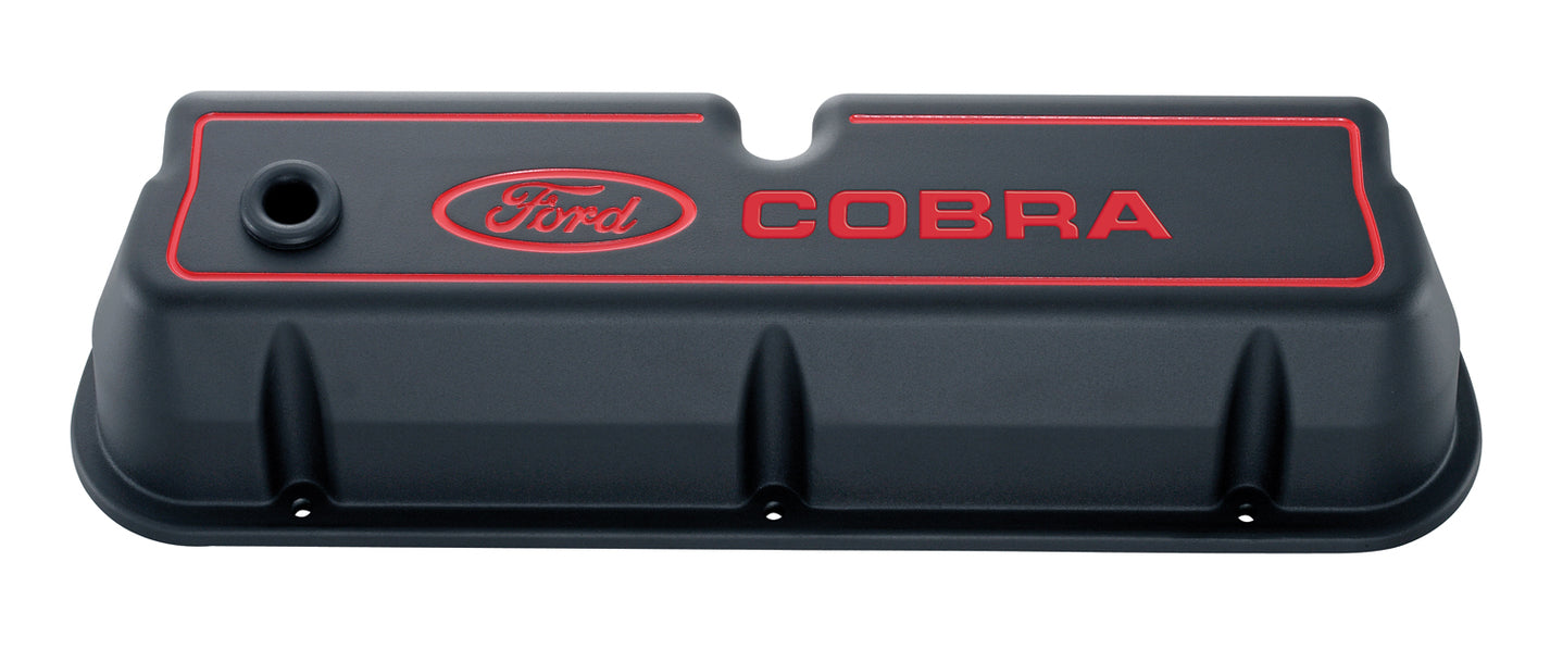 Ford Racing 302-056 Engine Valve Covers Tall Style Die Cast Black with Cobra Logo For SB Ford Recessed Red Ford COBRA Logo Ford Racing - Truck Part Superstore