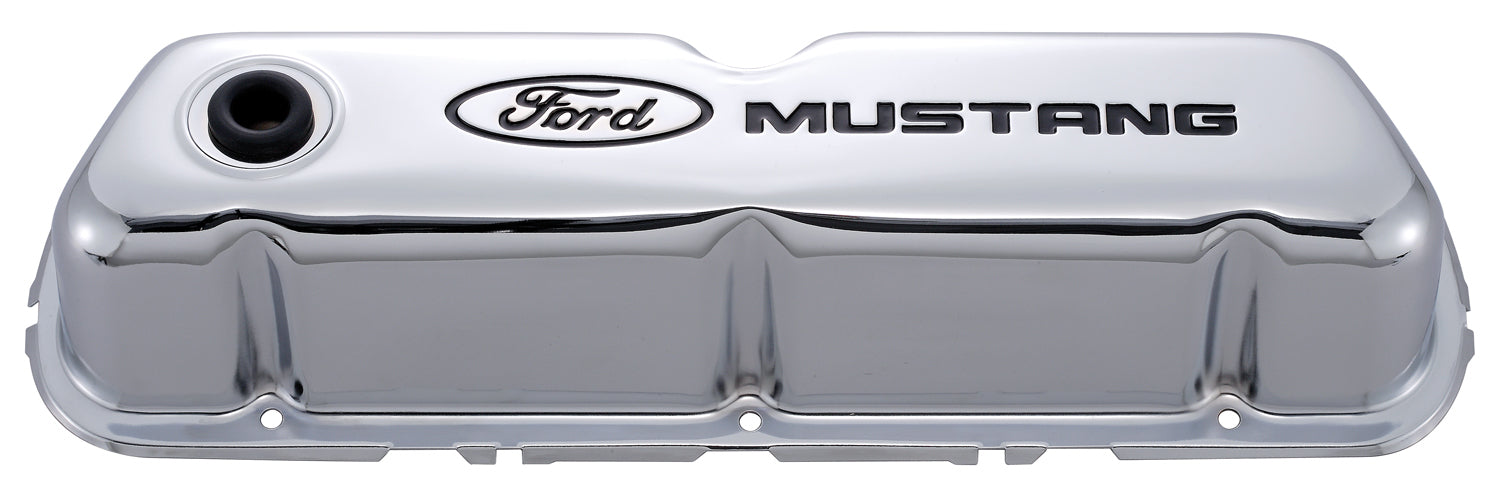 Ford Racing 302-100 Engine Valve Covers Tall Style Steel Chrome with Mustang Logo For SB Ford Recessed Black Ford Mustang Logo Ford Racing - Truck Part Superstore
