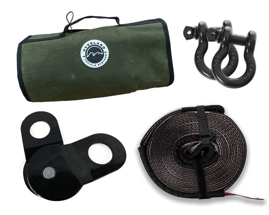 Overland Vehicle Systems 33-0501 Recovery Wrap Kit Including 20 Inch Tow Strap Pair of Black D-Rings Snatch Block and Canvas Bag Overland Vehicle Systems - Truck Part Superstore