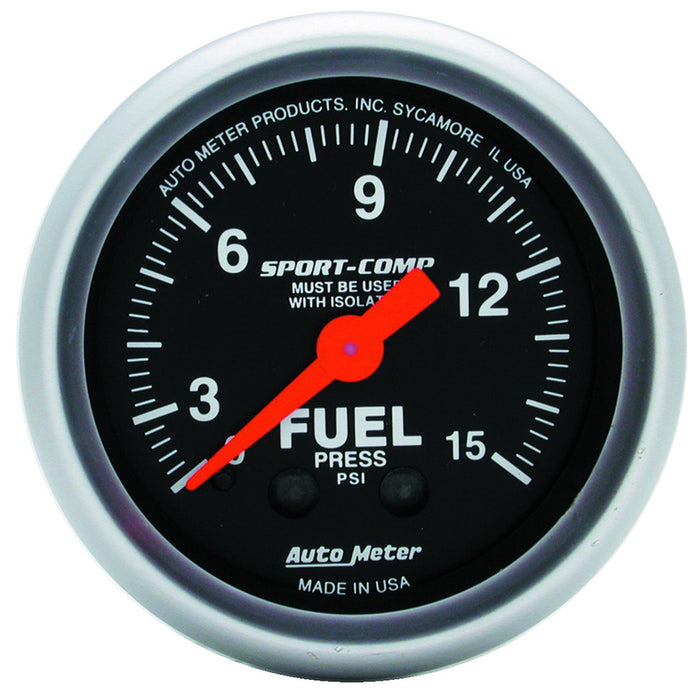 AutoMeter 3313 GAUGE; FUEL PRESSURE; 2 1/16in.; 15PSI; MECHANICAL W/ISOLATOR; SPORT-COMP - Truck Part Superstore