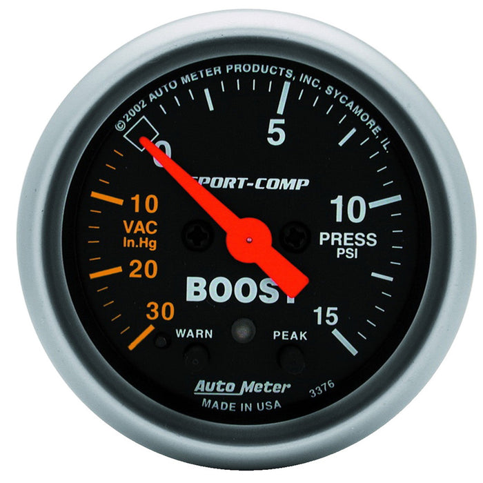 AutoMeter 3376 GAUGE; VAC/BOOST; 2 1/16in.; 30INHG-15PSI; STEPPER MOTOR W/PEAK/WARN; SPORT-COMP - Truck Part Superstore