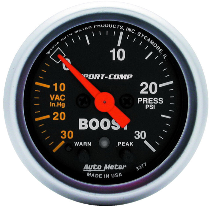 AutoMeter 3377 GAUGE; VAC/BOOST; 2 1/16in.; 30INHG-30PSI; STEPPER MOTOR W/PEAK/WARN; SPORT-COMP - Truck Part Superstore