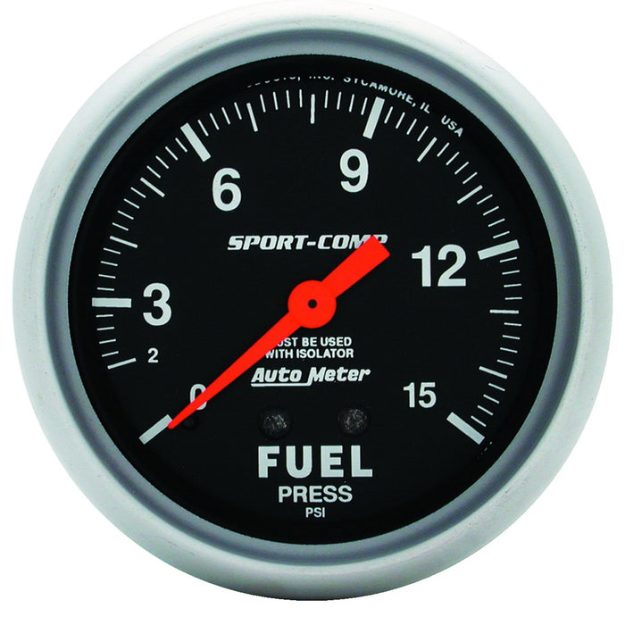 AutoMeter 3413 GAUGE; FUEL PRESSURE; 2 5/8in.; 15PSI; MECHANICAL W/ISOLATOR; SPORT-COMP - Truck Part Superstore