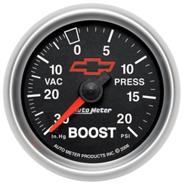 AutoMeter 3607-00406 GAUGE; VAC/BOOST; 2 1/16in.; 30INHG-20PSI; MECHANICAL; CHEVY RED BOWTIE; BLACK - Truck Part Superstore