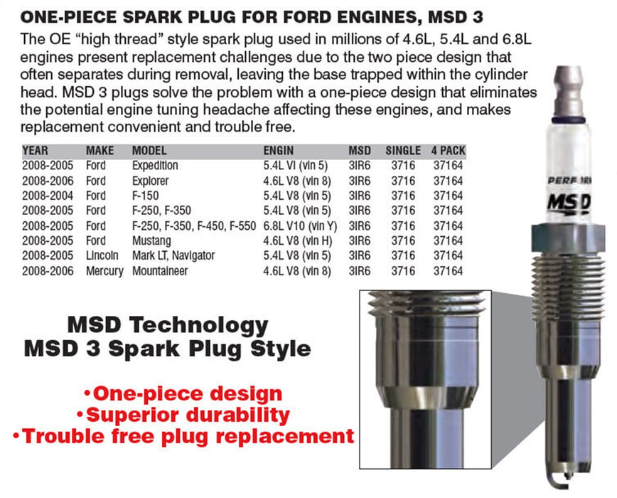 MSD 3716 Iridium Tip Spark Plug; Single; Plug Type 3IR6; 16 mm. Thread; 0.8125 Reach; - Truck Part Superstore