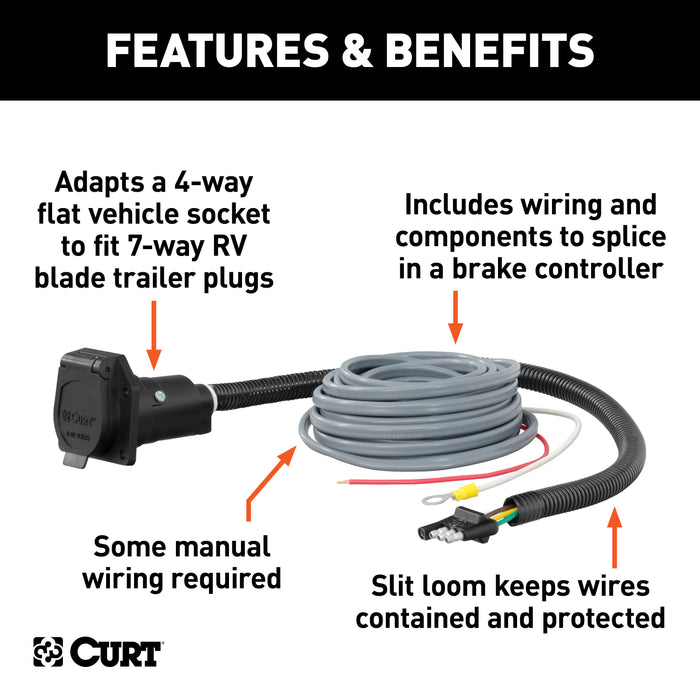 CURT 57186 4-Way Flat Electrical Adapter with Brake Controller Wiring - Truck Part Superstore
