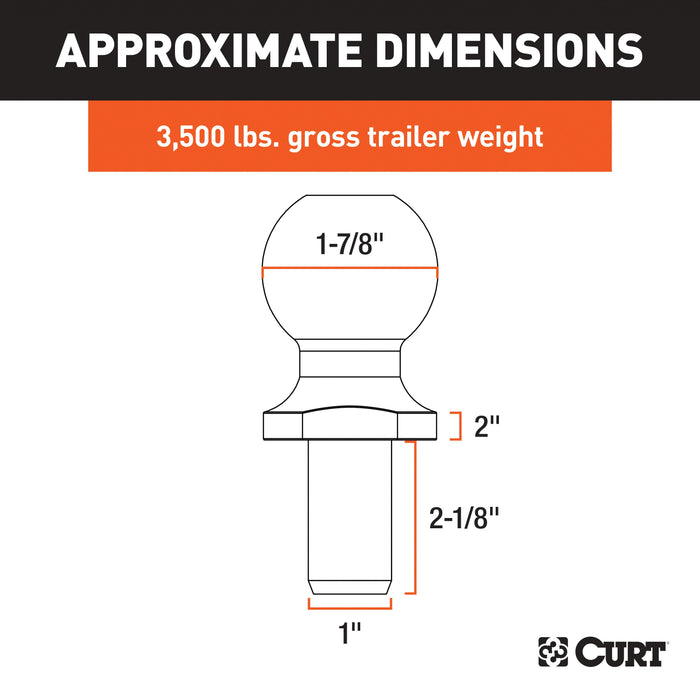 CURT 40032 1-7/8in. Trailer Ball (1in. x 2-1/8in. Shank; 2in. Rise; 3;500 lbs.; Chrome) - Truck Part Superstore