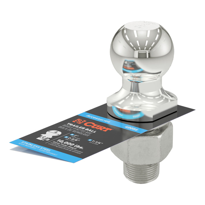 CURT 40056 2in. Trailer Ball (1-1/4in. x 2-5/8in. Shank; 10;000 lbs.; Stainless) - Truck Part Superstore