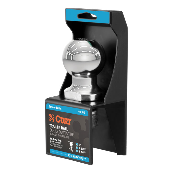 CURT 40069 2in. Trailer Ball (1-1/4in. x 2-5/8in. Shank; 10;000 lbs.; Chrome; Packaged) - Truck Part Superstore
