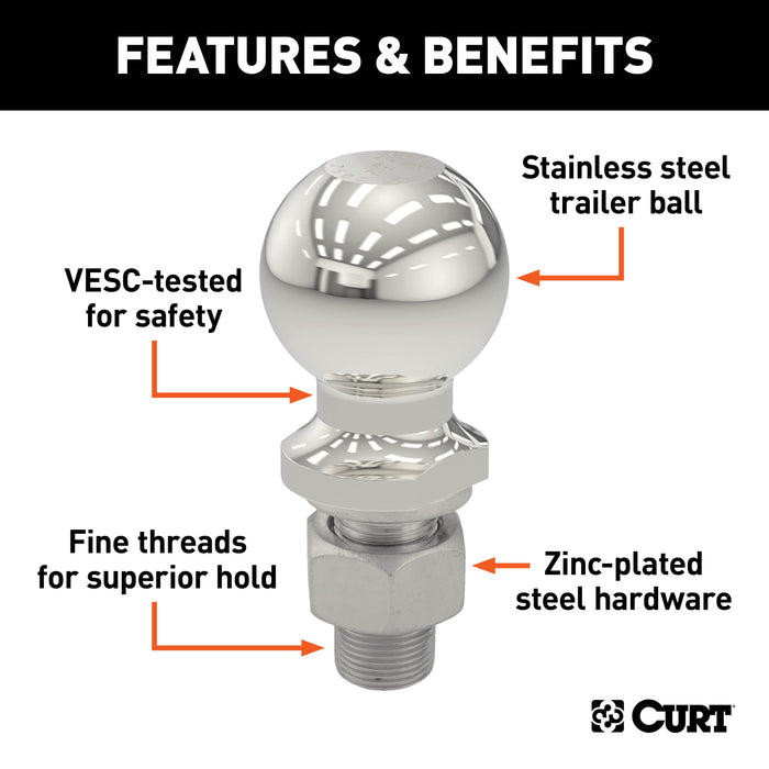 CURT 40084 2-5/16in. Trailer Ball (1in. x 2-1/8in. Shank; 7;500 lbs.; Stainless; Packaged) - Truck Part Superstore