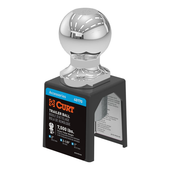 CURT 40170 2in. Trailer Ball (1in. x 2-1/8in. Shank; 7;500 lbs.; Chrome; Packaged) - Truck Part Superstore