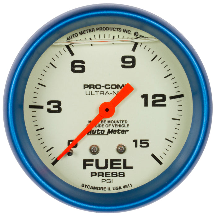 AutoMeter 4211 GAUGE; FUEL PRESS; 2 5/8in.; 15PSI; LIQUID FILLED MECH; GLOW IN DARK; ULTRA-NITE - Truck Part Superstore