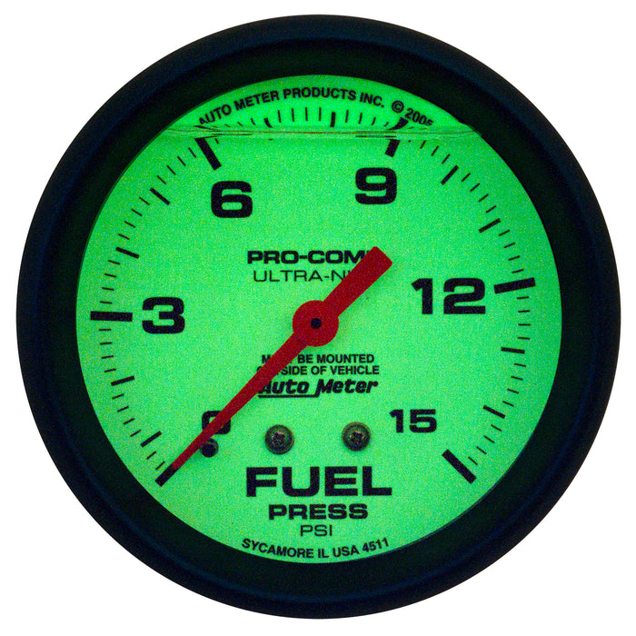 AutoMeter 4211 GAUGE; FUEL PRESS; 2 5/8in.; 15PSI; LIQUID FILLED MECH; GLOW IN DARK; ULTRA-NITE - Truck Part Superstore