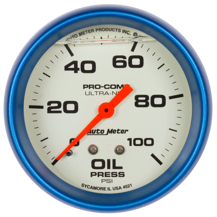 AutoMeter 4221 GAUGE; OIL PRESS; 2 5/8in.; 100PSI; LIQUID FILLED MECH; GLOW IN DARK; ULTRA-NITE - Truck Part Superstore