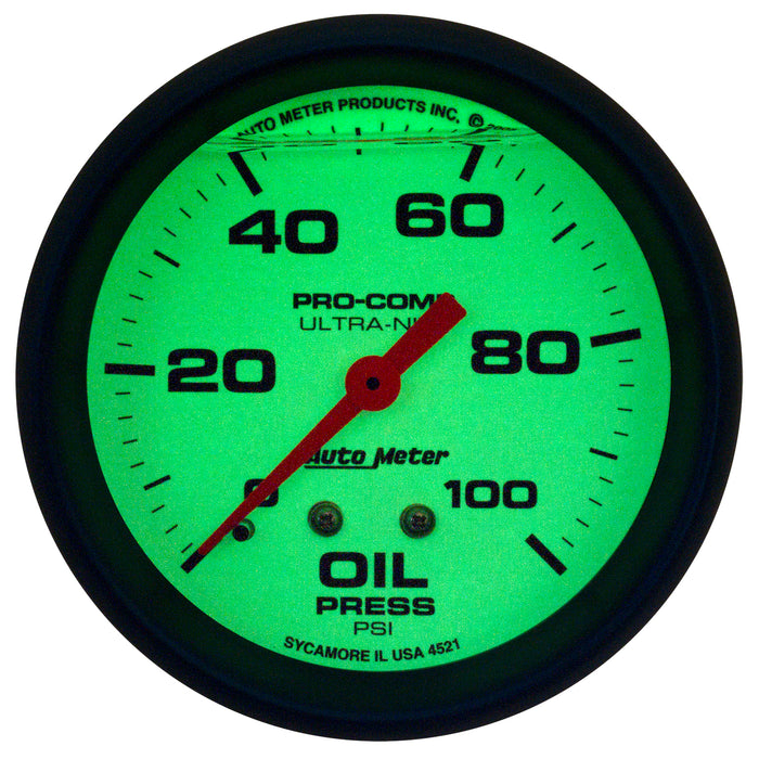 AutoMeter 4221 GAUGE; OIL PRESS; 2 5/8in.; 100PSI; LIQUID FILLED MECH; GLOW IN DARK; ULTRA-NITE - Truck Part Superstore