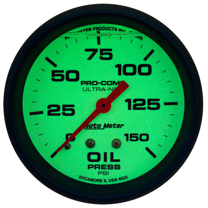 AutoMeter 4223 GAUGE; OIL PRESS; 2 5/8in.; 150PSI; LIQUID FILLED MECH; GLOW IN DARK; ULTRA-NITE - Truck Part Superstore