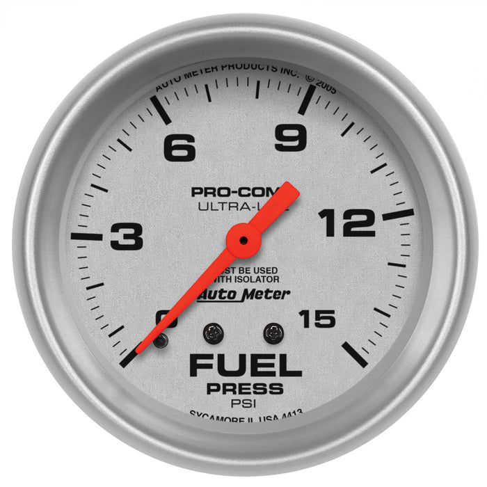 AutoMeter 4413 GAUGE; FUEL PRESSURE; 2 5/8in.; 15PSI; MECHANICAL W/ISOLATOR; ULTRA-LITE - Truck Part Superstore