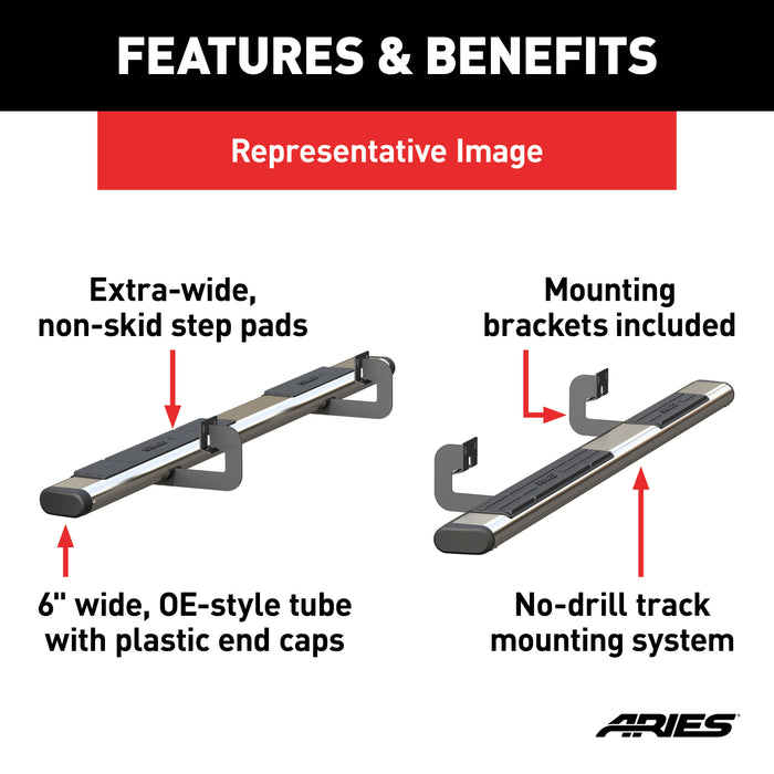 ARIES 4444044 6in. x 85in. Polished Stainless Oval Side Bars; Select Dodge; Ram 1500; 2500; 35 - Truck Part Superstore