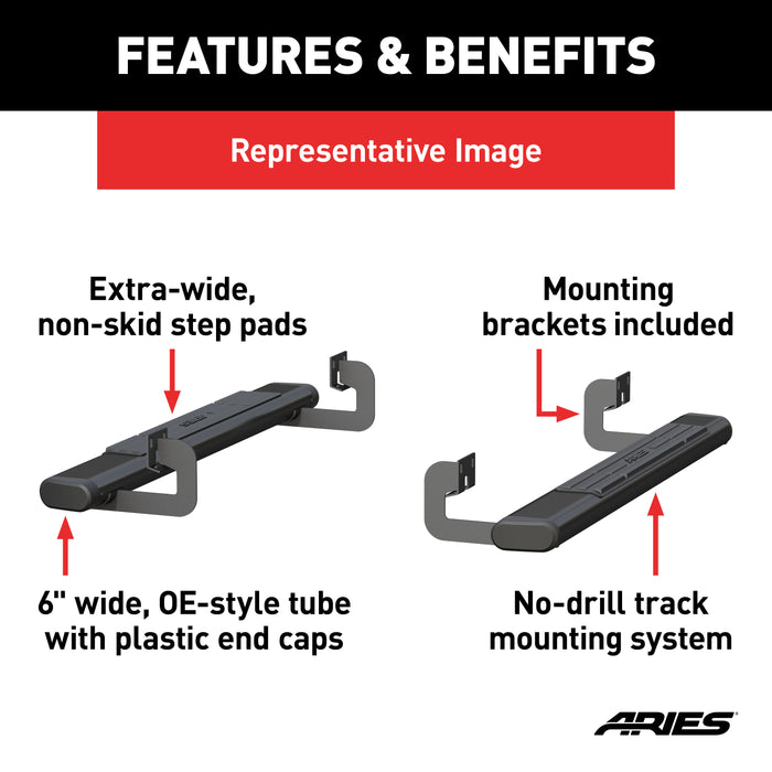 ARIES 4445006 6in. x 53in. Black Aluminum Oval Side Bars; Select Chevrolet Silverado; GMC Sier - Truck Part Superstore