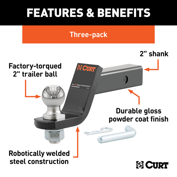 CURT 45057 Loaded Ball Mounts with 2in. Balls (2in. Shank; 7;500 lbs.; 4in. Drop; 3-Pack) - Truck Part Superstore
