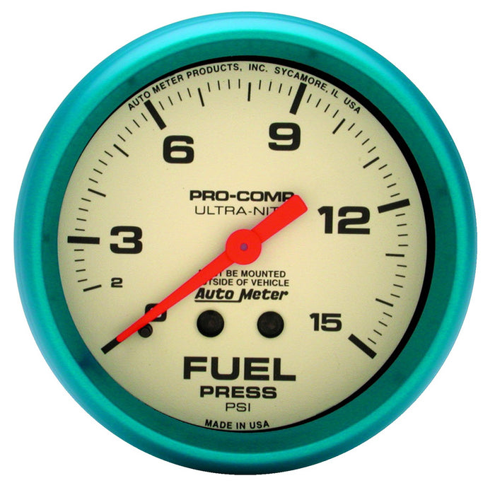 AutoMeter 4511 GAUGE; FUEL PRESS; 2 5/8in.; 15PSI; MECH.; GLOW IN THE DARK; ULTRA-NITE - Truck Part Superstore