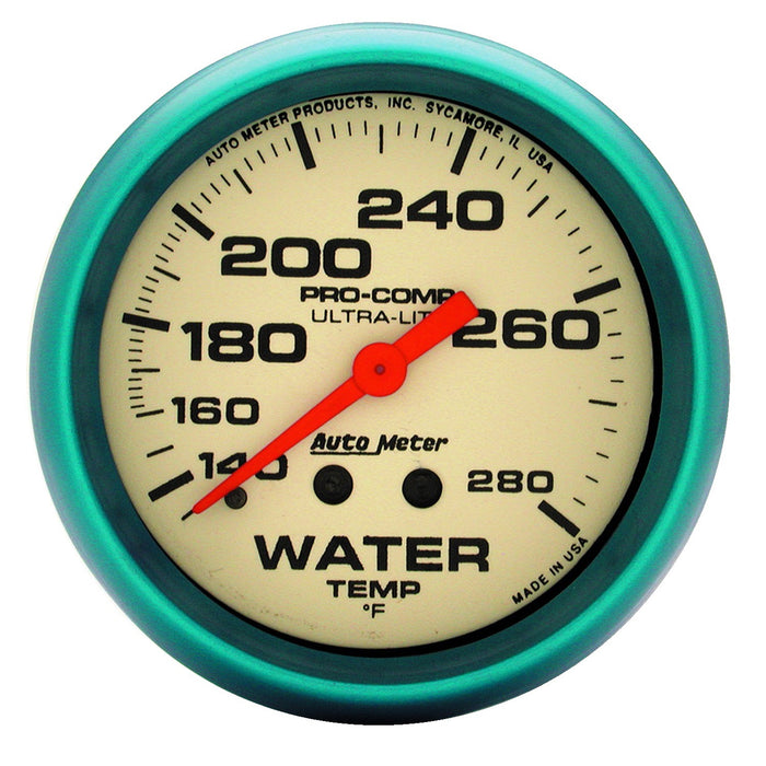 AutoMeter 4535 GAUGE; WATER TEMP; 2 5/8in.; 140-280deg.F; MECH.; 4FT.; GLOW IN DARK; ULTRA-NITE - Truck Part Superstore