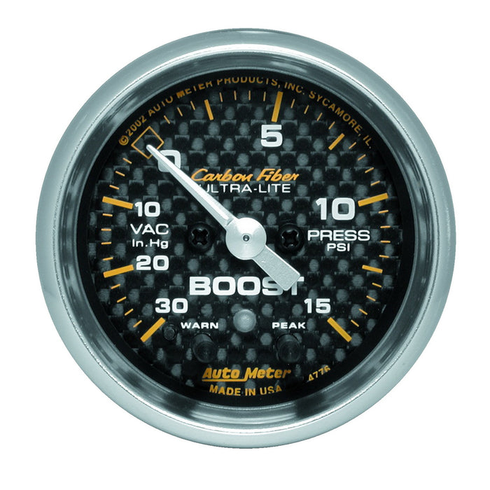 AutoMeter 4776 GAUGE; VAC/BOOST; 2 1/16in.; 30INHG-15PSI; STEPPER MOTOR W/PK/WRN; CARBON FIBER - Truck Part Superstore