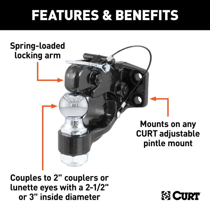 CURT 48190 CURT 48190 Pintle Hitch with 2-Inch Trailer Ball; 16;000 lbs; Mount Required - Truck Part Superstore