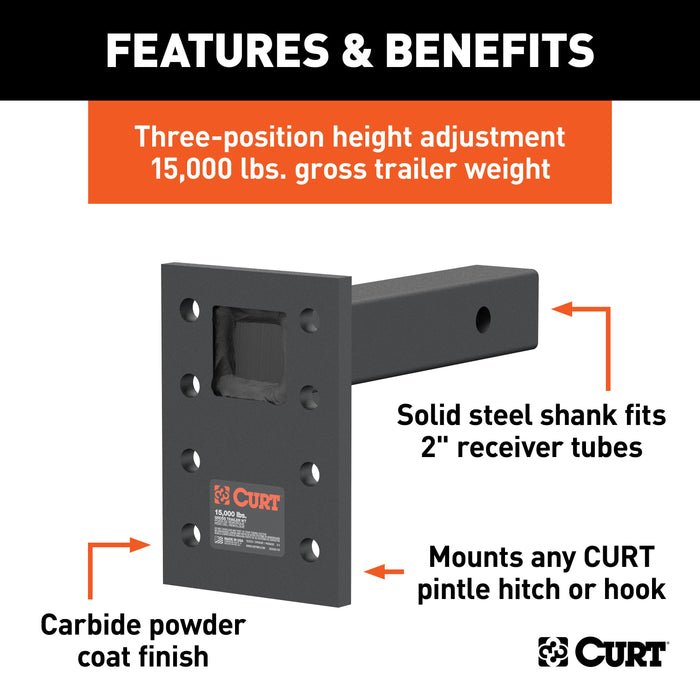 CURT 48325 Adjustable Pintle Mount (2in. Shank; 15;000 lbs.; 7in. High; 8in. Long) - Truck Part Superstore