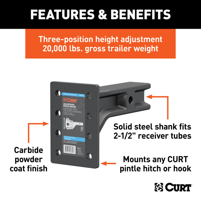 CURT 48348 Adjustable Pintle Mount (2-1/2in. Shank; 20;000 lbs.; 7-1/4in. High; 10-3/4in. L - Truck Part Superstore