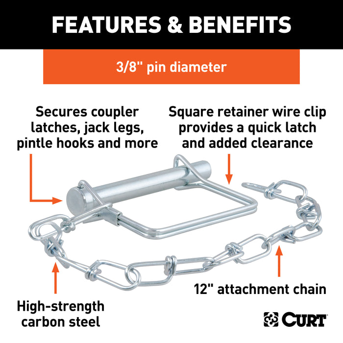 CURT 28001 3/8in. Safety Pin with 12in. Chain (2-3/4in. Pin Length; Packaged) - Truck Part Superstore