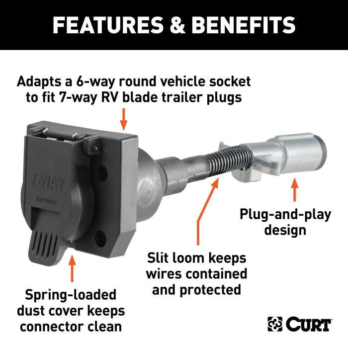 CURT 57667 CURT 57667 6-Way Round Vehicle-Side to 7-Way RV Blade Trailer Wiring Adapter - Truck Part Superstore