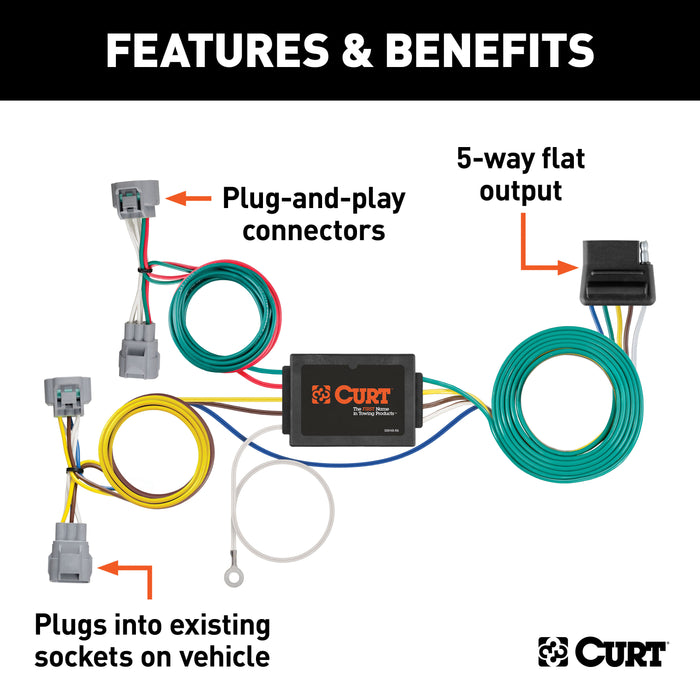 CURT 56513 Custom Wiring; 5-Way Flat Output; Select Toyota Tacoma; Hilux; T-100 Pickup - Truck Part Superstore